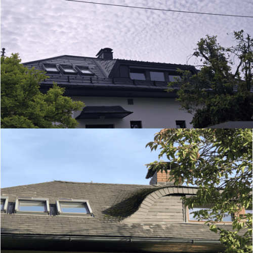 Prefa Dachplatte mit integrierter PV-Anlage, vorher-nachher